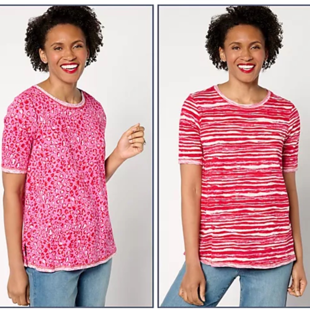 2 PACK! LOGO by Lori Goldstein elbow sleeve scoop neck tees Pink Combo EUC 1X